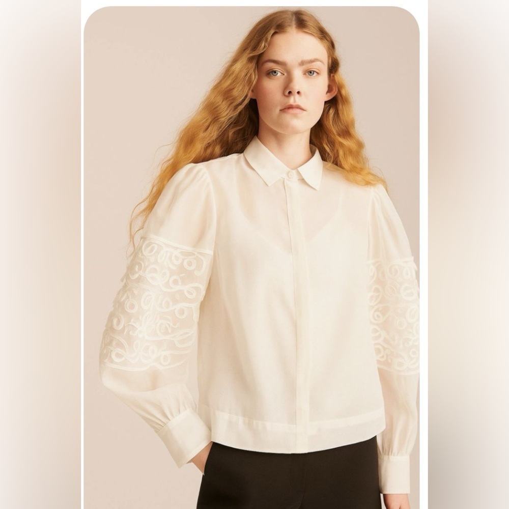 Rebecca Taylor Cotton Silk Ribbon Trim Blouse